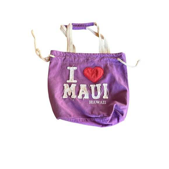 I Love Maui Hawaii Purple Canvas Tote Bag With Rope Handles & Front Pocket - Picture 1 of 6